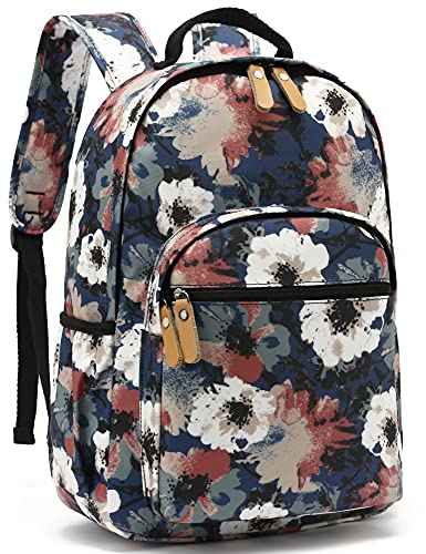 Leaper Water-resistant Floral Laptop Backpack Travel Bag Bookbags Satchel (Beige-Dark Blue)