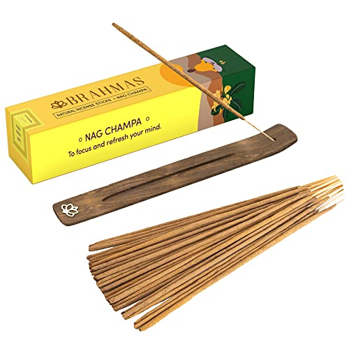 BRAHMAS Nag Champa Incense Sticks with Holder (60 Sticks) - Long Burn Chemicals Free Pure Organic Natural Incense Sticks Nag Champa for Yoga, Prayers, Meditation, Relaxation (100gm)