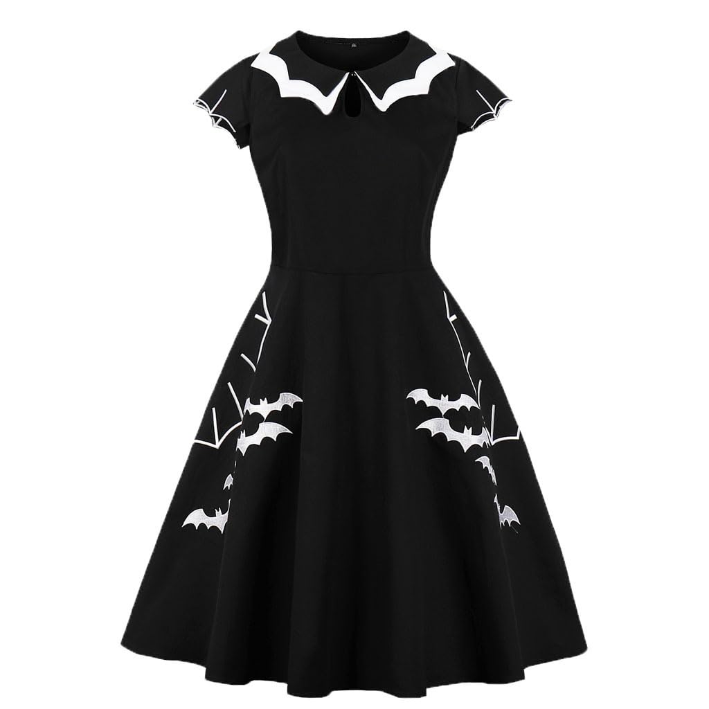 Women's Bat Spider Web Embroidery Halloween Vintage Dress