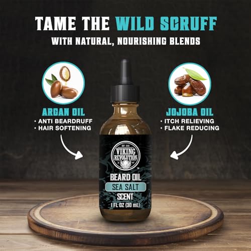 Image of Viking Revolution Beard Oil - Sea Salt - 1 fl oz | 100% Natural Ingredients - Formulated with Argan Oil & Jojoba Oil - Softens Rough Hair & Hydrates Skin - Sea Salt Scent