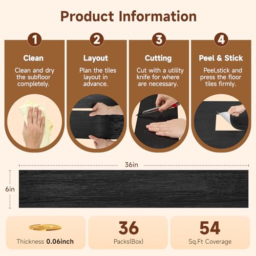 INMOZATA Peel and Stick Floor Tile, Vinyl Flooring 36-Pack 54 Sq.Ft Wood Look Waterproof Plank Flooring for Bathroom, Living Room, Bedroom, Kitchen, RV (Black) by INMOZATA - Image 5