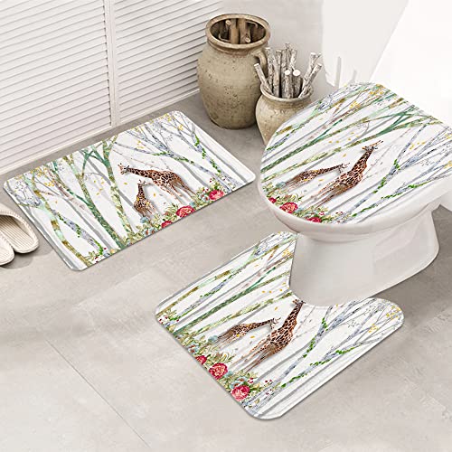 Badematte Badvorleger Set 3-tlg. Teppich, Giraffen-Safari 3D-Giraffen-Wald-Baum-Blumen-Thema-wild lebende afrikanische D…
