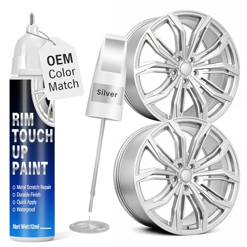 Silver Rim Touch Up Paint 2-in-1 Brush & Tip 0.4 fl oz - Universal Silver Rim Curb Rash Repair Kit for Scratches Scuffs Alloy/Metal Wheels OEM Color Match Quick-Dry & Long-Lasting