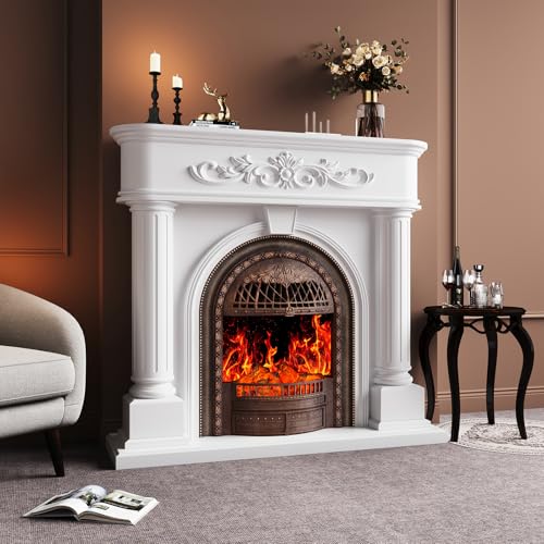 Image of 50 inch Solid Wood Electric Fireplace with Mantel, White Roman Column TV Stand with Bronze Birdcage Heater Insert, Elegant Fireplace for Living Room, Bedroom & Entryway
