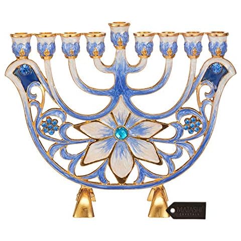 Matashi Hand Painted Blue Flower Menorah Cover