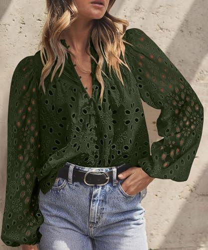 BETTE BOUTIK Women's Long Short Sleeve Tops 2025 Dressy Casual Button Hollow Out Lace Embroidered Blouses Shirts