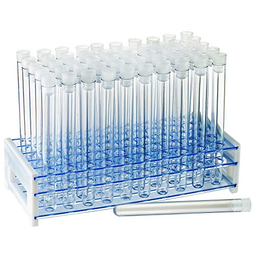 Ackers Science 50 Tube - 16x150mm Clear Plastic Test Tube Set with Caps and Rack