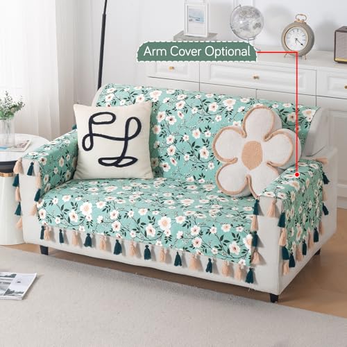 Image of HOKIPO Sofa Cover with Tassel for 2 Seater Sofa | Full Protection for Seat and Back | Printed Holland Velvet Fabric | 'Whispers of Nature' (160x120 cm), Sage Floral Vine (IN-1126-D8)