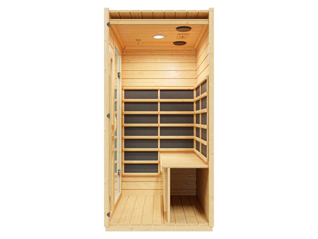 Infrarotkabine 1 Person | Hemlockholz natur | 99x91x184cm | Ganzglastür Klarglas | Mica-Heizung 1,33kW | Fronteinstieg | Wärmekabine für Zuhause | MP3-Halter, Becherhalter & Rückenlehne