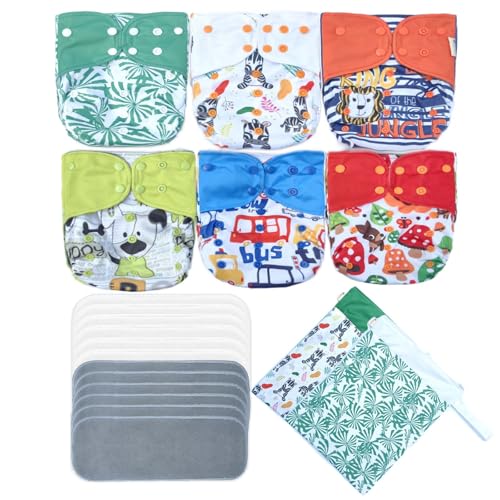 Image of Double Gusset Anti Leakage All in One Size Baby Cloth Diapers 6pcs Washable Reusable Covers Packed with 12 Inserts 2 Wet Bags for Baby Girls and Boys (Boy Prints 05)
