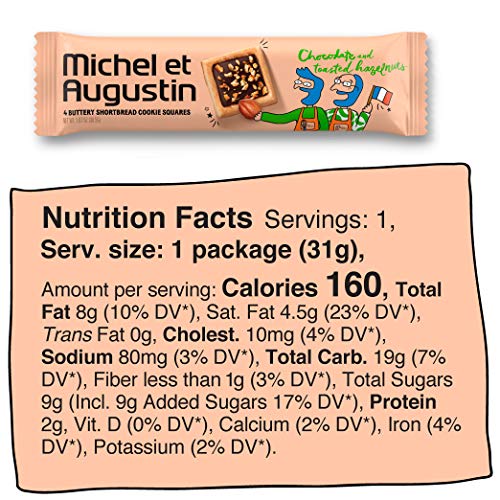 Michel et Augustin Gourmet Chocolate Cookie Squares | Individually Wrapped European Cookie Bars | Milk Chocolate & Hazelnut | 18-Bar Pack | 4 French Shortbread Cookies per Bar
