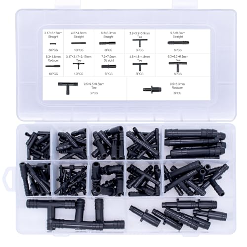 NVGFTG 113 Stück T-Verbinder Schlauchverbinder Set, 12 Größen T Schlauchverbinder Sortiment KFZ, Bewässerung Anschluss Kit für Schläuche, Tropfschlauch, Schwarz