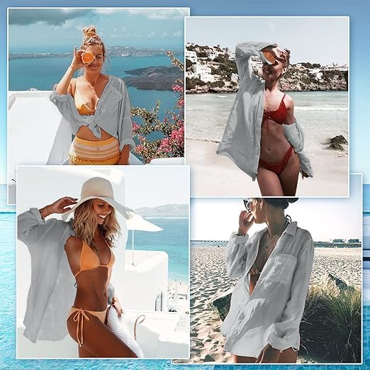 Image of CoCozy Bathing Suit Cover Ups for Women, Long Sleeve Swimwear Button Down Shirt Dress Swimsuit Bikini Beach Cover Up 2026