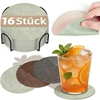 HELI MIAO 16 Stück Untersetzer Gläser, Doppelseitige Glasuntersetzer aus Kunstleder – Rund, rutschfest & hitzebeständig – Inkl. Aufbewahrungsständer (10cm, Hellgrün+beige) – Für Tisch, Bar, Outdoor