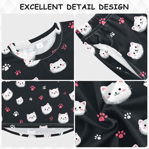 Long Sleeve Pajama Set for Girls Boys Kids,Cute White Cats Pattern Comfy Nightwear Soft Loungewear,Family Matching PJs Underwear Set 4T3