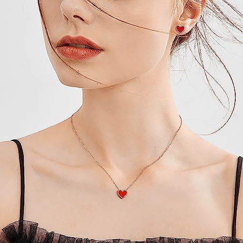 Kristland - Women 18K Gold Plated Simple Design Cute Minimalist Tiny Heart Enamel Pendant Sparkling Necklace Jewelry Rose Gold Chain Double Side Red And Black Color #TOP1