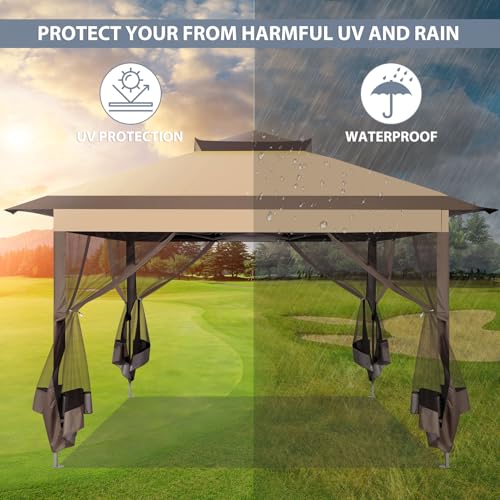 Image of COBIZI Pop Up Gazebo 12x12 Canopy Tent, Outdoor Screened Gazebo Shelter with Mosquito Net,Carpas para Patio, Shade for Lawn, Garden, Backyard and Deck, Brown(Upgraded 2.0)