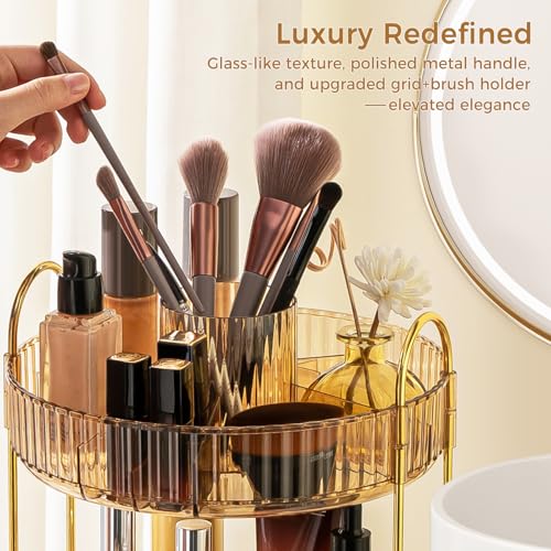 Image of 360 Rotating Makeup Organizer, Upgraded 3 Tier Skincare Perfume Organizers for Women, Bathroom Organizer Countertop, Clear Cosmetic Dresser Organizer with Makeup Brush Holder, Sink&Counter(Amber)