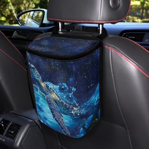 Image of Talayituse Turtle Daisy Galaxy Print Car Trash Bin, Large Size Auto Trash Can Adjustable Portable Garbage Can with Lid, Vehicle Hanging Bag for Headrest Front Back Seat