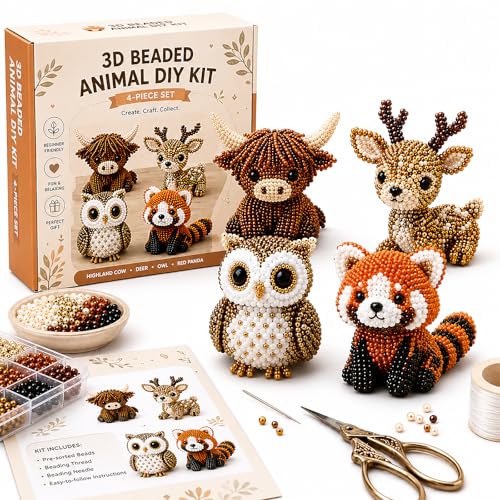 Joegruin Tiny 3D Beaded Animal Craft Kit 4-Piece DIY Seed Bead Set Cute Handmade Animal Figurines Giftable Mini Desk Decor for Hobby Crafters and Craft Enthusiasts