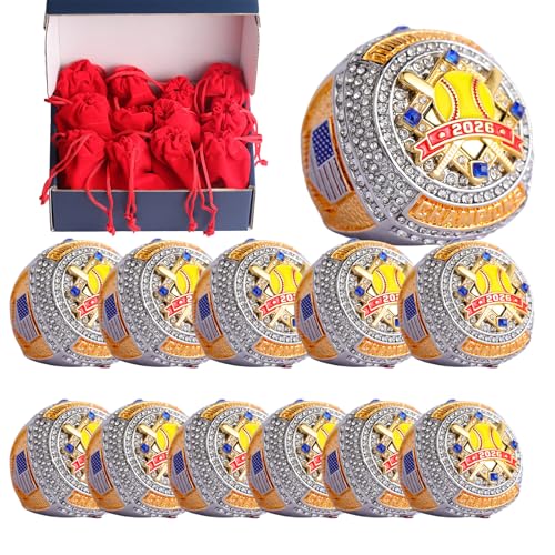 Image of 2 pcs Pack or 12 pcs Pack Softball Championship Trophy Ring Award Gift for Tournament Champion Team palyers Awards Trophy on Side Size 9.5