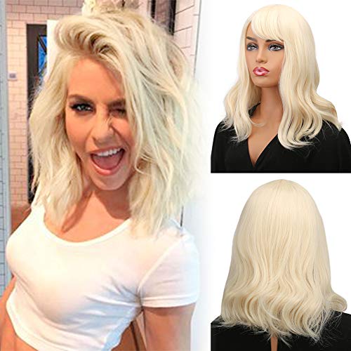 14'' Short Curly Synthetic Blonde Wig Short Bob Blonde Wavy with Air Bangs Wig Cap Included for Women Girl's Colorful Costume Wigs