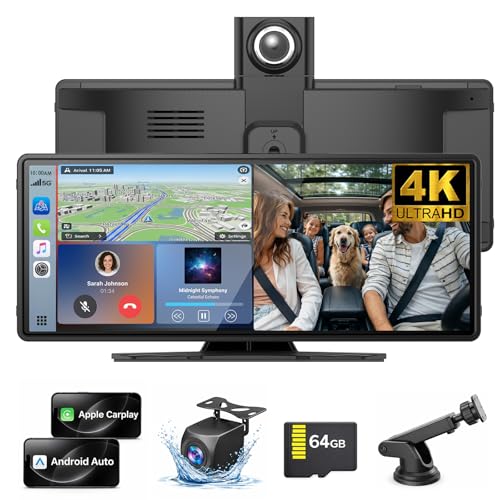 Wireless Carplay Screen for Car 10.26 Portable Apple Carplay and Android auto4K Dash Cam with Rotatable Lens 1080P Backup Camera GPS Navigation Mirror Link Siri & Voice Control