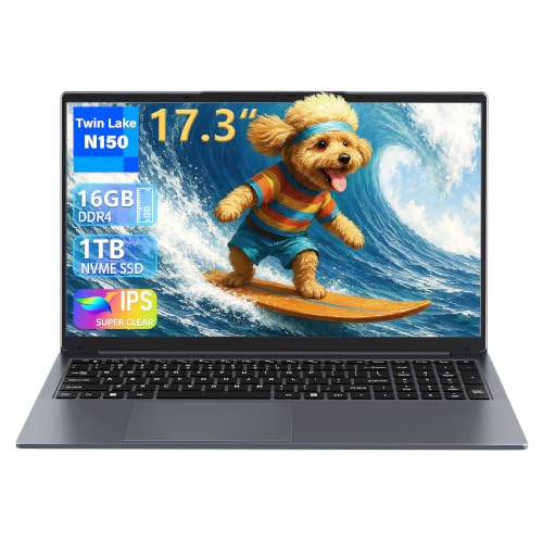 Image of 17.3 Inch Laptop, N150 CPU Up to 3.6GHz, 16GB RAM, 512GB NVMe SSD, 17.3 inch FHD IPS Display, Win 11 Pro, Backlit Keyboard, USB-C, HDMI, WiFi 5, Bluetooth 5.0, Laptop for Business & Study