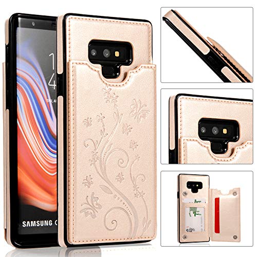 QFUN Back Wallet Case for Samsung Galaxy Note 9 with Stand, Elegant Embossed Design [Butterfly Flower] Lightweight Slim Fit Leather Phone Case with Card Holder Protective Bumper Flip Cover - Gold