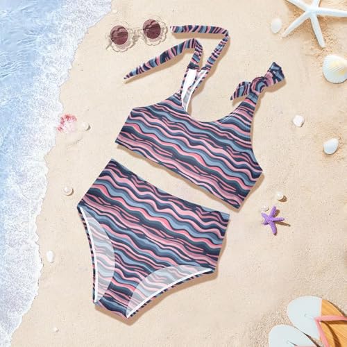 Wave Lines Girls Two Piece Tankini Swimsuits Summer Bathing Suit Beach Swimwear Set2