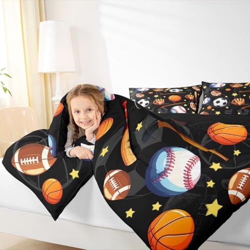 Image of Feelyou Soccer Basketball Comforter Set Queen Size Football Baseball Hockey Bedding Set for Kids Boys Girls Gaming Sports Black Duvet Quilt Bedroom Decor Microfiber 3 Pcs with 2 Pillow Cases