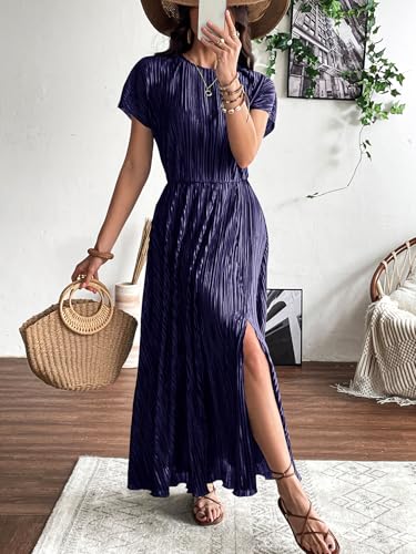 Image of CCTOO Womens Summer Maxi Dresses: Casual Short Sleeve Crewneck Slit Sundress Ruffle Pleated Long Flowy Party Cocktail Dress