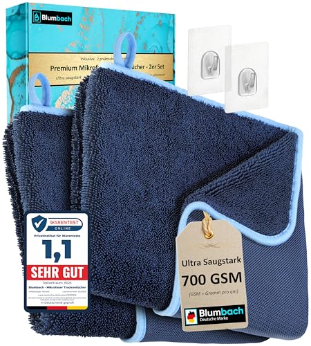 BLUMBACH® Trockentuch Dusche 2-Set 700 GSM 40x60cm | Extrem Saugstarkes Mikrofaser Putztuch, Trockentuch Auto | Ultra Wipes Trockentücher | Putztuch Bad & Auto | Deutsche Marke