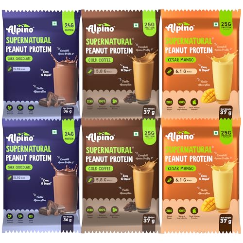 Image of Alpino Supernatural Peanut Protein Powder Assorted Pack of 6 (Cold Coffee + Dark Chocolate + Kesar Mango)