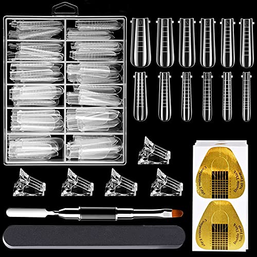 120PCS Dual Forms Nails Sets, Coffin Dual Forms, Nail Extension Mold Tips with 50pcs Horseshoe-shaped Nail Art, 1pcs Nail Clips, 1pcs Acrylic Nail Brush, 1pcs Nail Buffer and 5pcs Nail Tips Clips