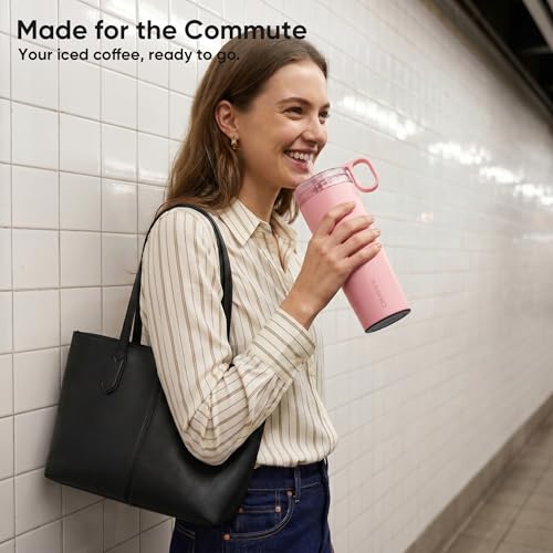 Image of KISSKIND 20 Oz Iced Coffee Tumbler with Hidden Straw, Insulated Stainless Steel Coffee Tumbler, Leakproof Ceramic Lined Travel Cup for Subway Commuting, Slim Tumbler for To-Go, Peach Sorbet