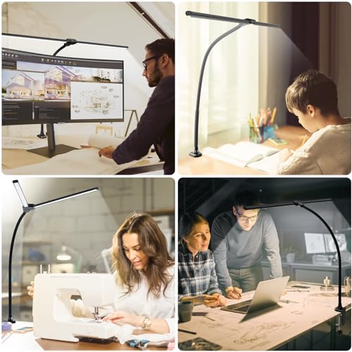Image of ShineTech LED Desk Lamp for Home Office, 3000K Warm White Double Head Architect Task Lamps with Clamp, Dimmable Adjustable Flexible, Black
