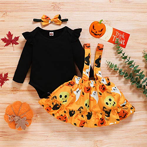 Halloween Baby Girl Clothes, Thanksgiving Toddler Girl Outfit Ruffle Top+Pumpkin Print Skirt Sets+Headband Black - Thumbnail 5