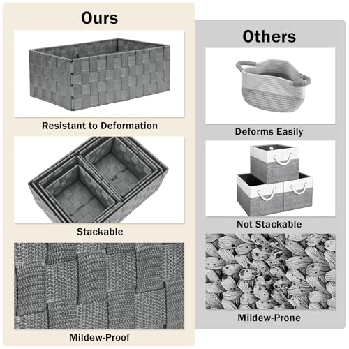 Woven Storage Baskets, Storage Bins, Cube Basket Container Baskets Storage Boxes Organizers for Clothes /Shelves/ Closet, Set of 6 (Grey) - Image 6