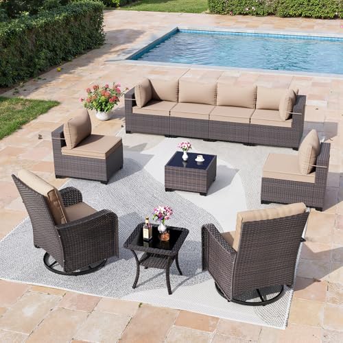 Image of 10 Pieces Outdoor Patio Furniture Set,Outdoor Sectional Furniture All Weather PE Rattan Wicker Patio Conversation Set with Coffee Table,Swivel Rocking Chairs Set,Sand