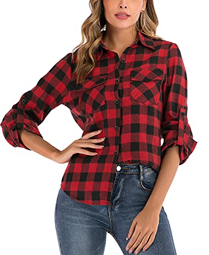 Enjoyoself Damen Karrierte Bluse Langarm Karo Flanell Hemden Baumwolle Button-down Hemdbluse für Alltag und Oktoberfest,Rot-Schwarz,L