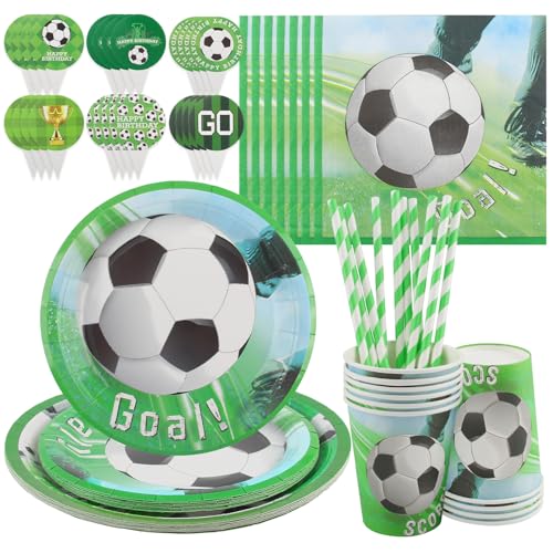 CHENYU Juego de 84 decoraciones de cumpleaños con temática de fútbol, sirve para 10 invitados, vajilla de fiesta de fútbol verde, incluye decoraciones de fútbol, platos de cena, platos de postre CHENYU Juego de 84 decoraciones de cumpleaños con temática de fútbol, sirve para 10 invitados, vajilla de fiesta de fútbol verde, incluye decoraciones de fútbol, platos de cena, platos de postre