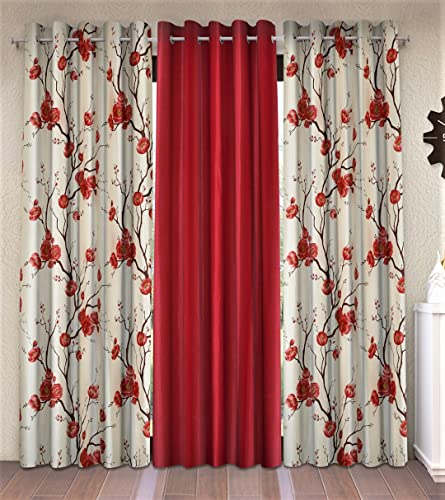 Fashion String 3 Piece 3D Tulips Eyelet Polyester Long Door Curtains - 9 Feet, Maroon