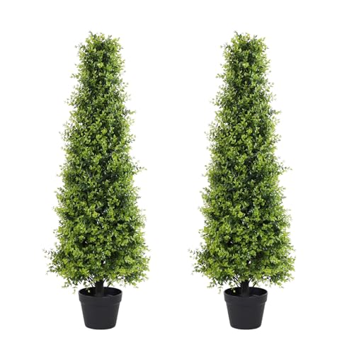 4ft Tall Outdoor Artificial Boxwood Topiary Tree 48in, Topiary Trees Artificial Outdoor Set of 2, Faux Boxwood Plants for Porch Light Green 4ft