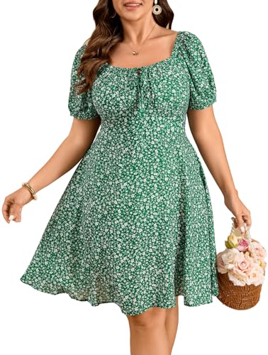 SCOMCHIC Women Plus Size Floral Mini Dress Short Sleeve Milkmaid Dress Square Neck Tie Front A Line Summer Short Dresses