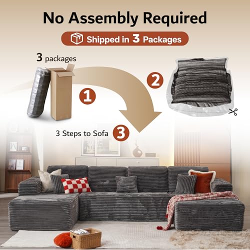 ovios Sectional Cloud Couch for Living Room, Modular Floor Sofa with Plush Corduroy, No Assembly Required, Big Comfy Couches Set with Fluffy Memory Foam, Stupendous U Shaped Sofas with Chaise, Grey
