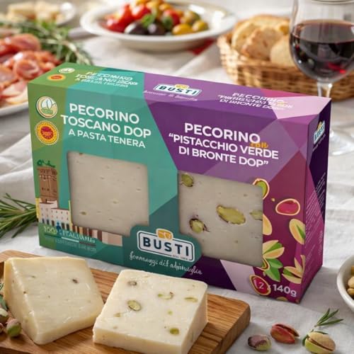 Bis di Quesos Pecorini Italianos, 2 x 140 g, surtidos para degustación gourmet variante con pistacho o variante de trufa, idea tabla aperitiva y regalo gastronómico (bis pecorini con pistacho)