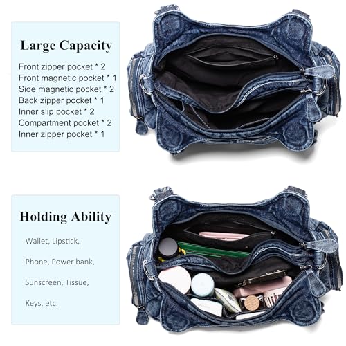 Image of Designer Denim Handbags for Women Hobo Tote Bag Crossbody Denim Purses Blue Jean Shoulder Bag