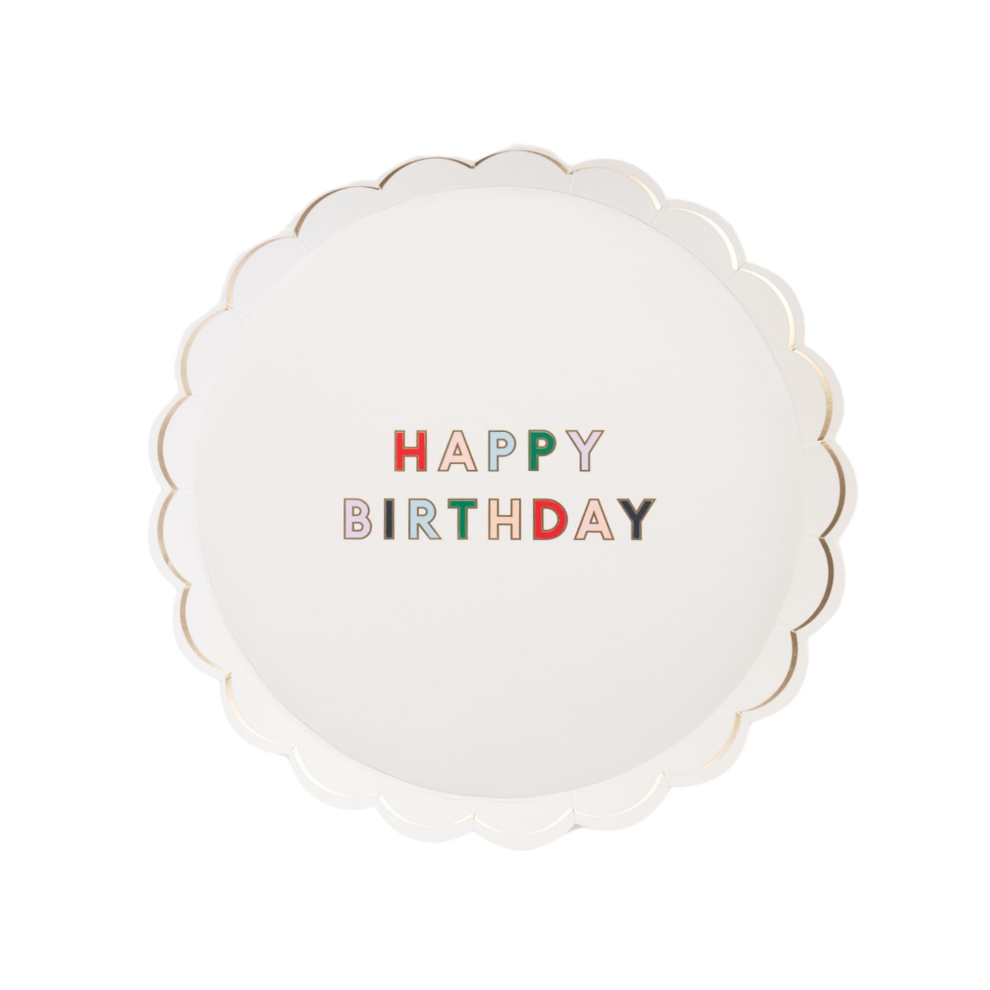 Bonjour Fête Blanc White Signature Celebration Dessert Plates | Scalloped Paper Tableware with Happy Birthday Design | Disposable Cake Serveware for