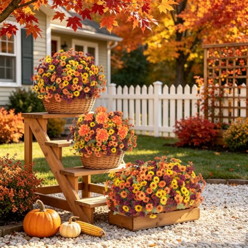 Image of Artificial Fall Flowers Fake Mums Plants for Outdoors Decoration